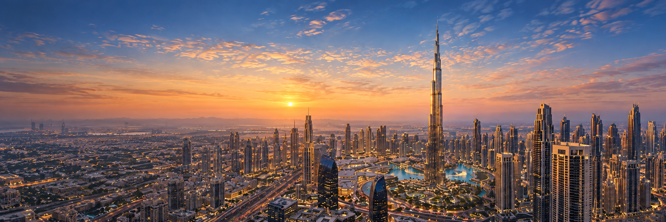 Generated aerial-style illustration of Downtown Dubai with the full Burj Khalifa visible